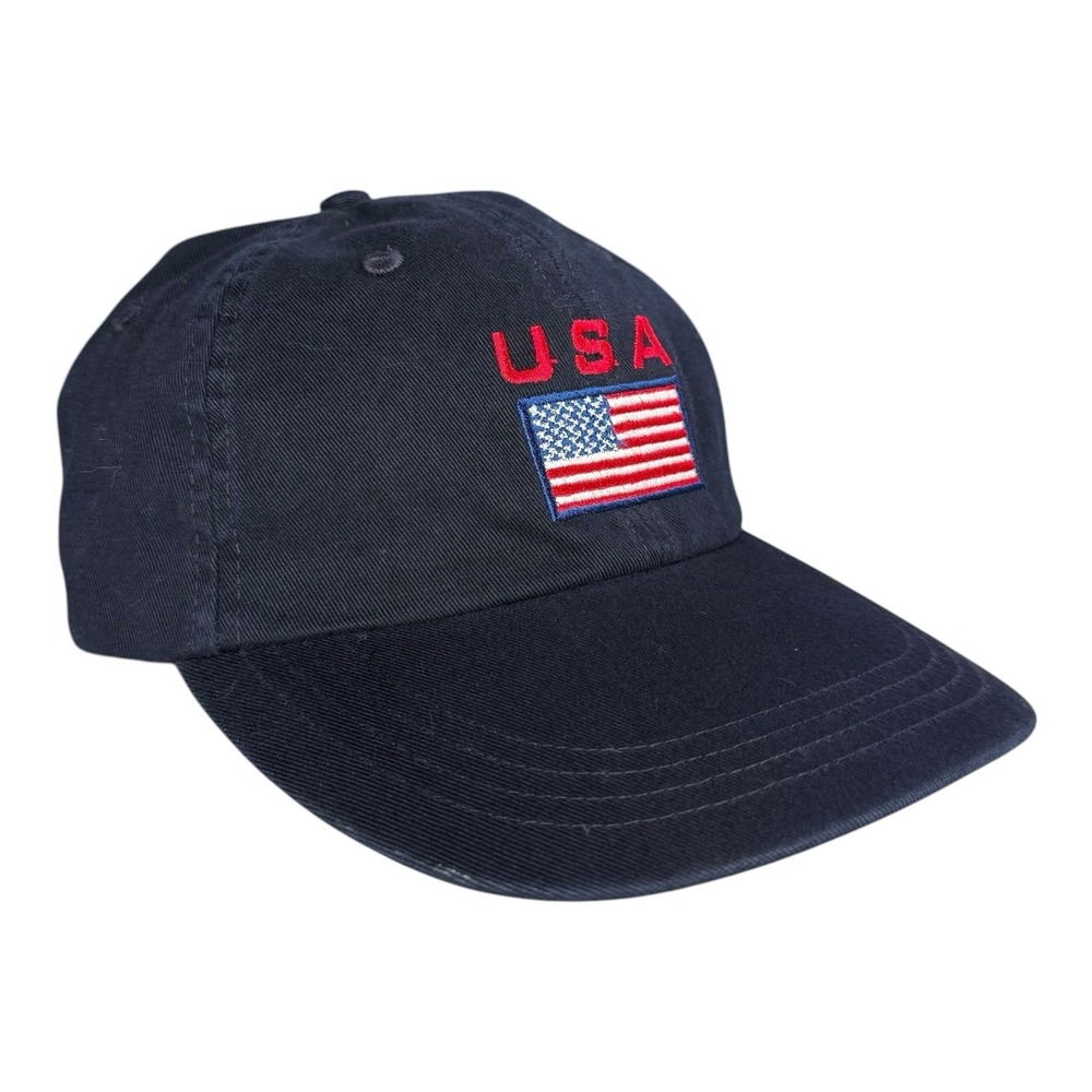 Vintage USA American Flag Embroidered Strapback Hat Falco Headwear Navy Blue